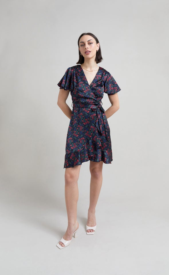 Satin Floral Flutter Wrap Dress Black/floral