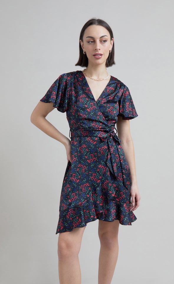 Satin Floral Flutter Wrap Dress Black/floral