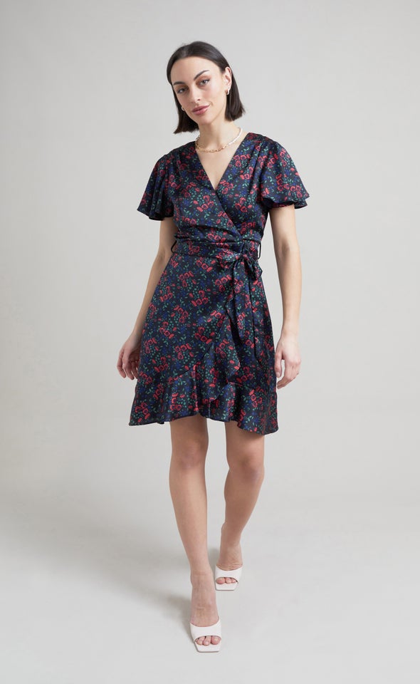 Satin Floral Flutter Wrap Dress Black/floral
