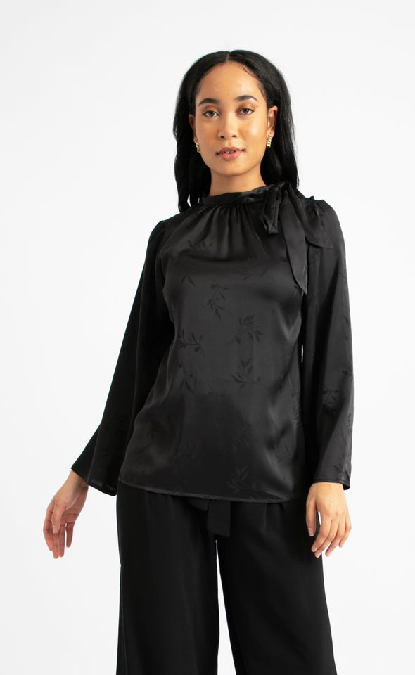 Satin Floral Tie Neck LS Top Black