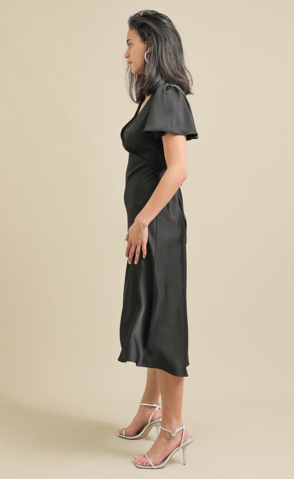 Satin Flutter Sleeve Midi Dress Black