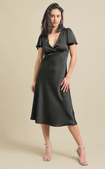 Shop our Satin Flutter Sleeve Midi Dress in Black | Pagani