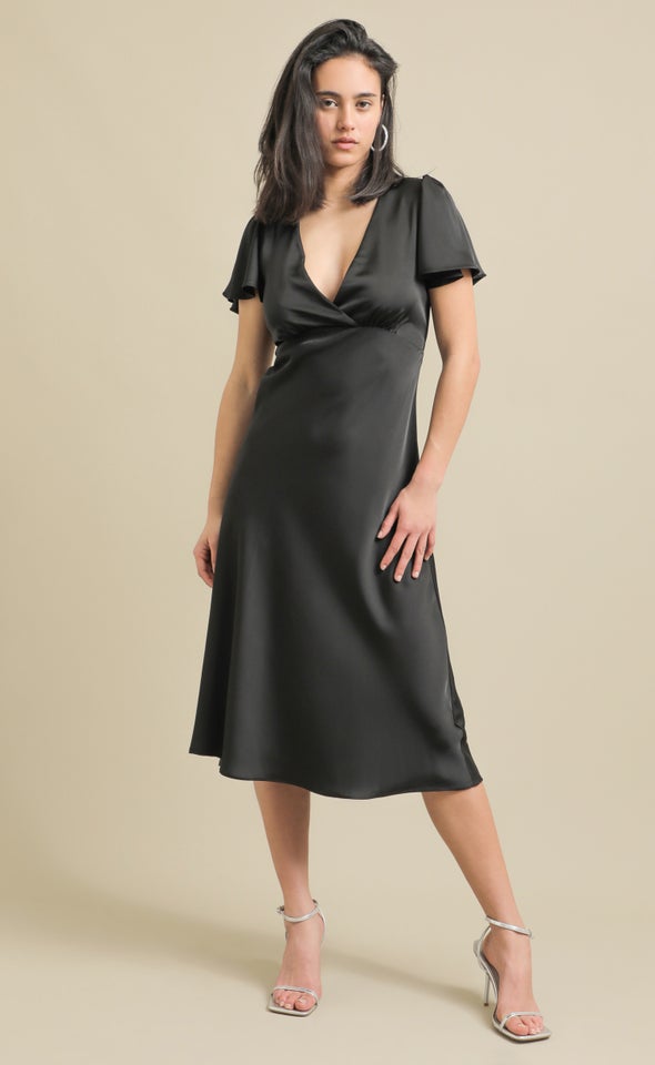 Satin Flutter Sleeve Midi Dress Black