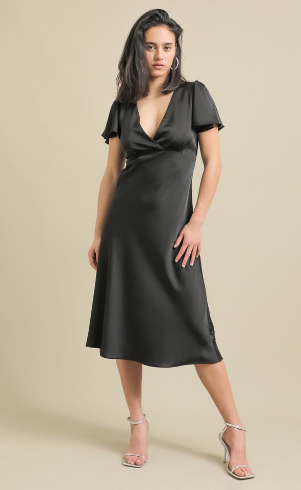 Satin Flutter Sleeve Midi Dress