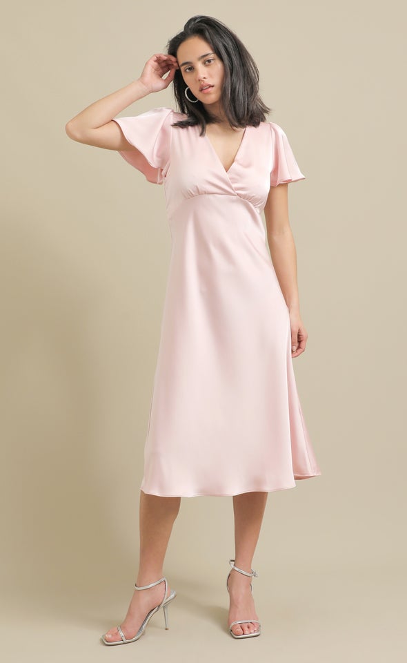 Satin Flutter Sleeve Midi Dress