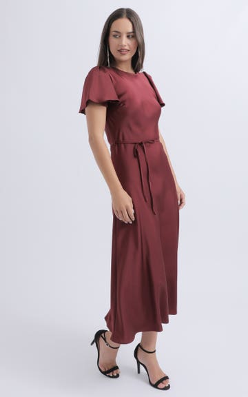 knee length dresses for ladies Seren Twist-Front Flutter Sleeve Midi Dress Grey Mauve Floral / Xs