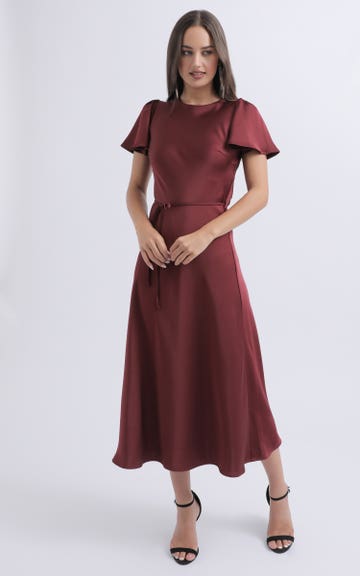 gold jewelry with burgundy dress Burgundy Crinkle Satin Midi Dress | Sustainable Womenswear main image 0