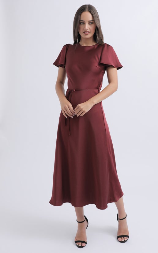Shop our Satin Flutter Sleeve Midi Dress in Burgundy | Pagani Shop our Satin Flutter Sleeve Midi Dress in Burgundy | Pagani