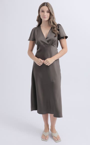 Shop our Satin Flutter Sleeve Midi Dress in Charcoal | Pagani