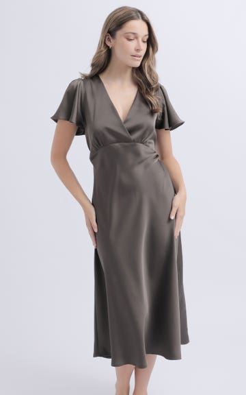 Shop our Satin Flutter Sleeve Midi Dress in Charcoal | Pagani