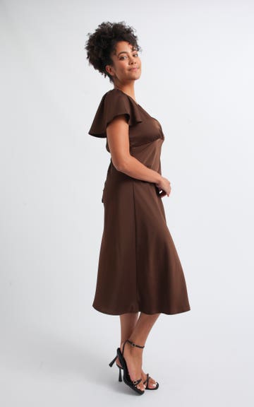 chocolate brown midi dress with sleeves Stella Bow Front Relaxed Fit Midi Dress main image 1