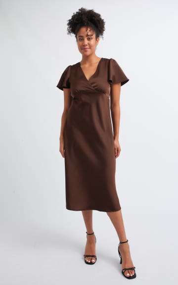 brown satin midi dress with sleeves Shop our Flutter Sleeve in Chocolate ZML316 while gentle gathering at HOUDA Oversized Cream Midi Colour:Wisteria