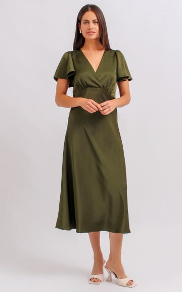 Shop our Satin Flutter Sleeve Midi Dress in Olive | Pagani Shop our Satin Flutter Sleeve Midi Dress in Olive | Pagani