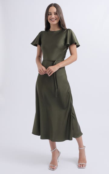 Shop our Satin Flutter Sleeve Midi Dress in Olive | Pagani