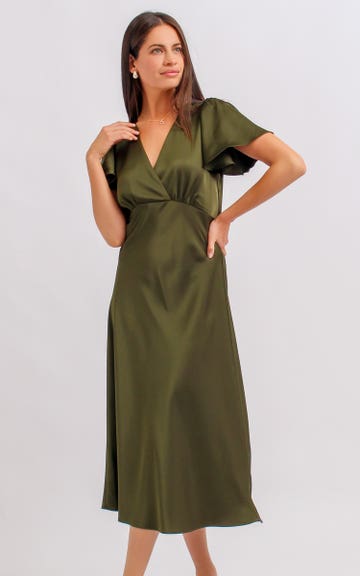 knee length dresses for ladies Flutter Sleeve Belted Surplice Midi Dress – rbeey main image 1
