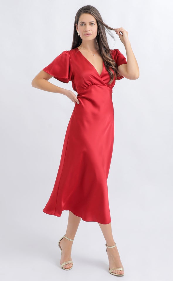 Satin Flutter Sleeve Midi Dress