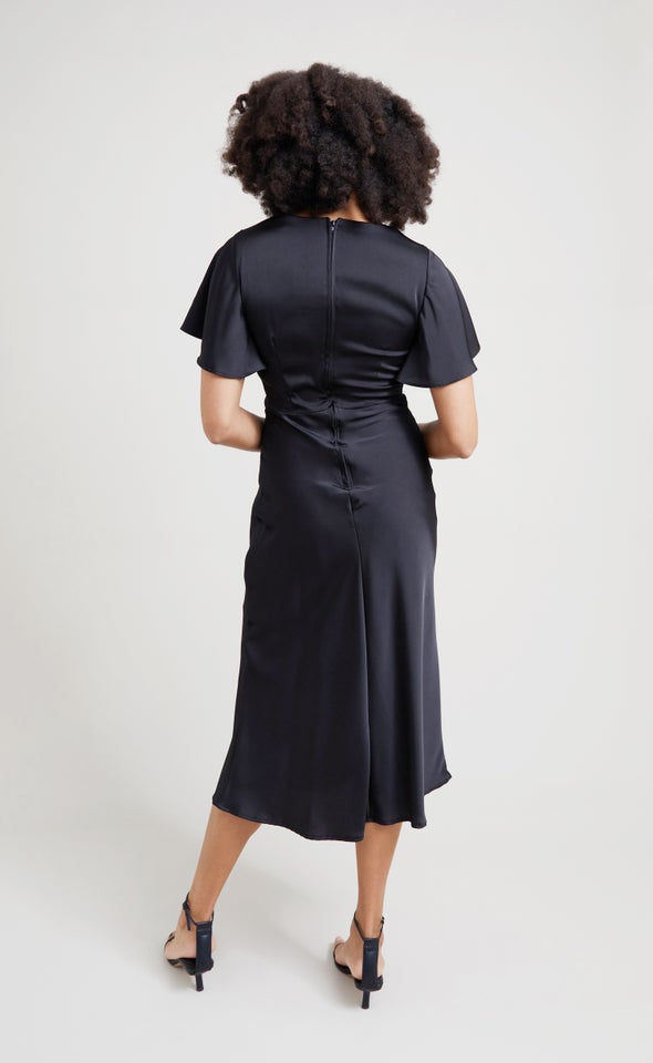 Satin Flutter Sleeve Slip Dress Black