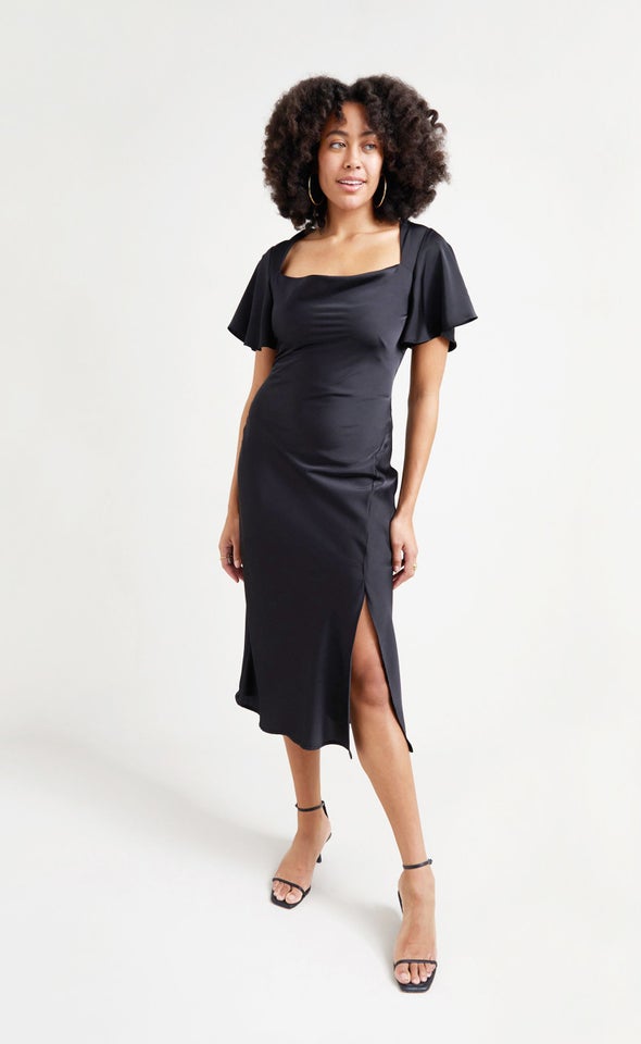 Satin Flutter Sleeve Slip Dress Black