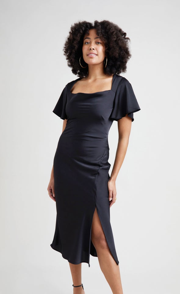 Satin Flutter Sleeve Slip Dress Black