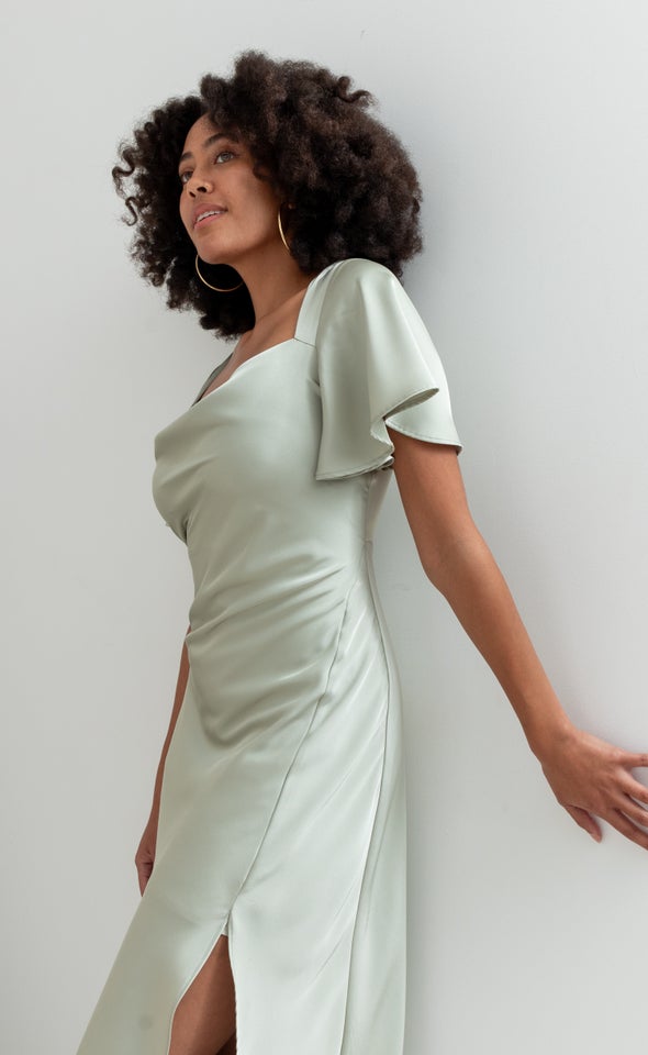Satin Flutter Sleeve Slip Dress Light Sage