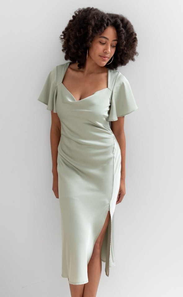 Satin Flutter Sleeve Slip Dress Light Sage