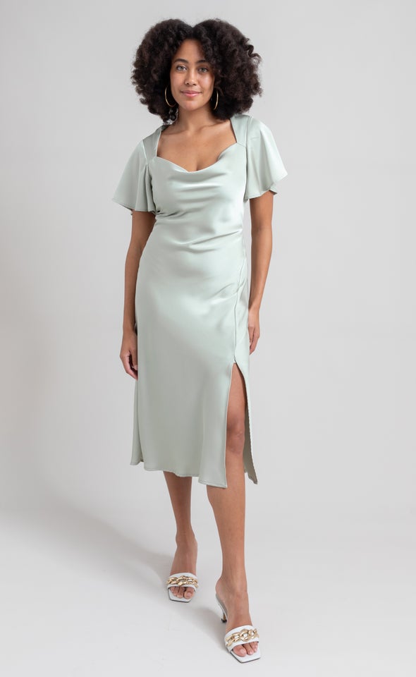 Satin Flutter Sleeve Slip Dress Light Sage