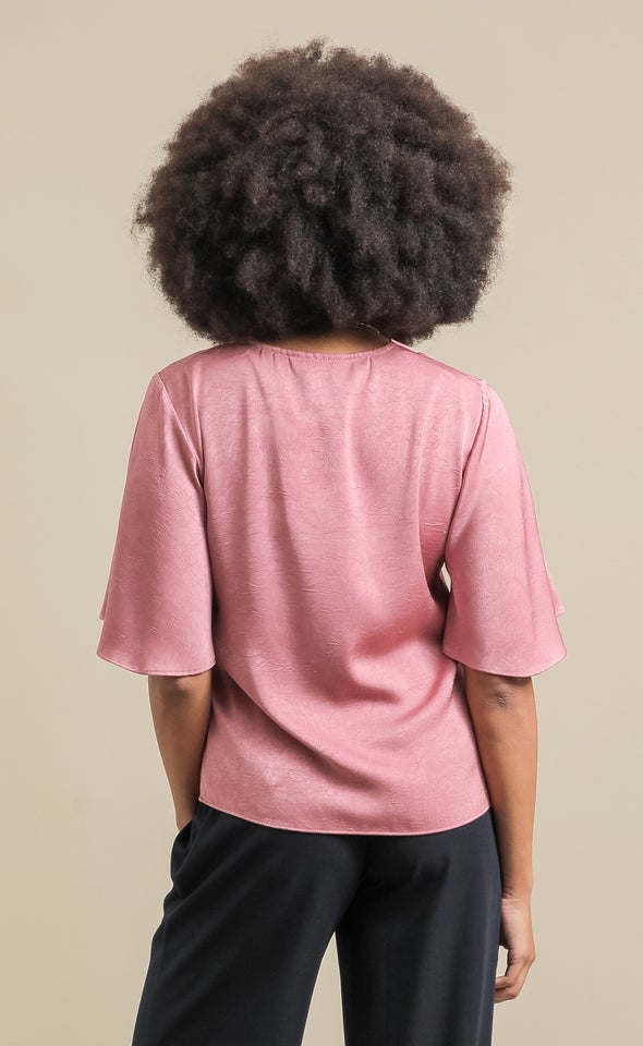 Satin Flutter Sleeve V Neck Top Dusky