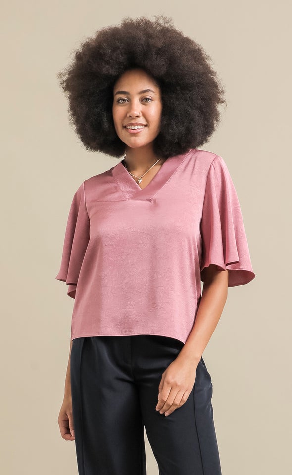 Satin Flutter Sleeve V Neck Top Dusky