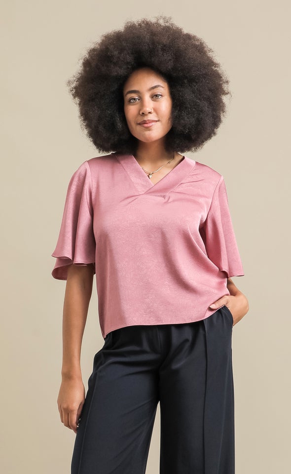 Satin Flutter Sleeve V Neck Top Dusky