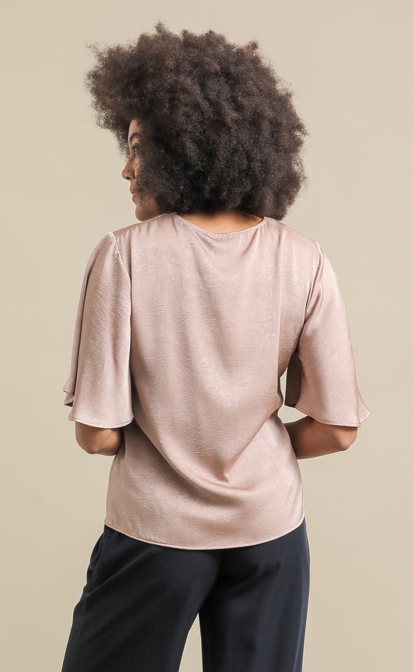 Satin Flutter Sleeve V Neck Top Taupe