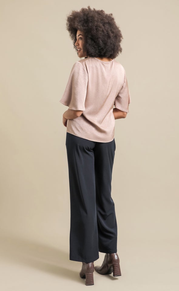 Satin Flutter Sleeve V Neck Top Taupe