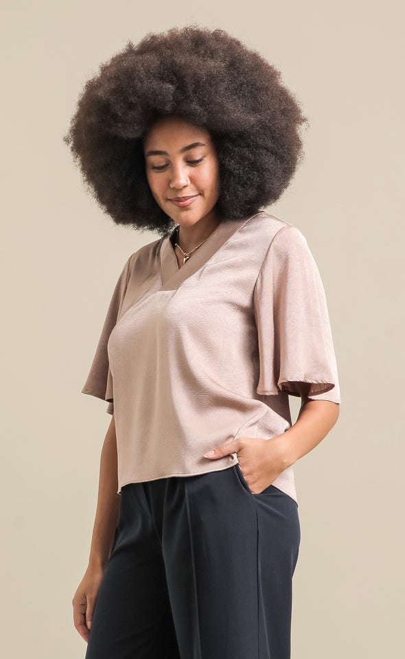 Satin Flutter Sleeve V Neck Top Taupe