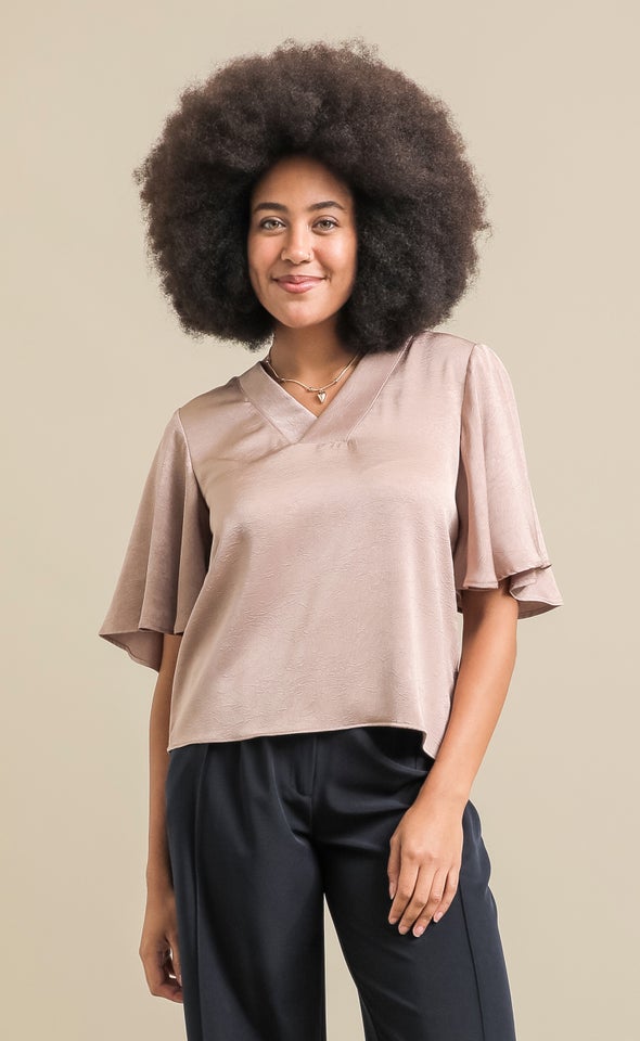 Satin Flutter Sleeve V Neck Top Taupe