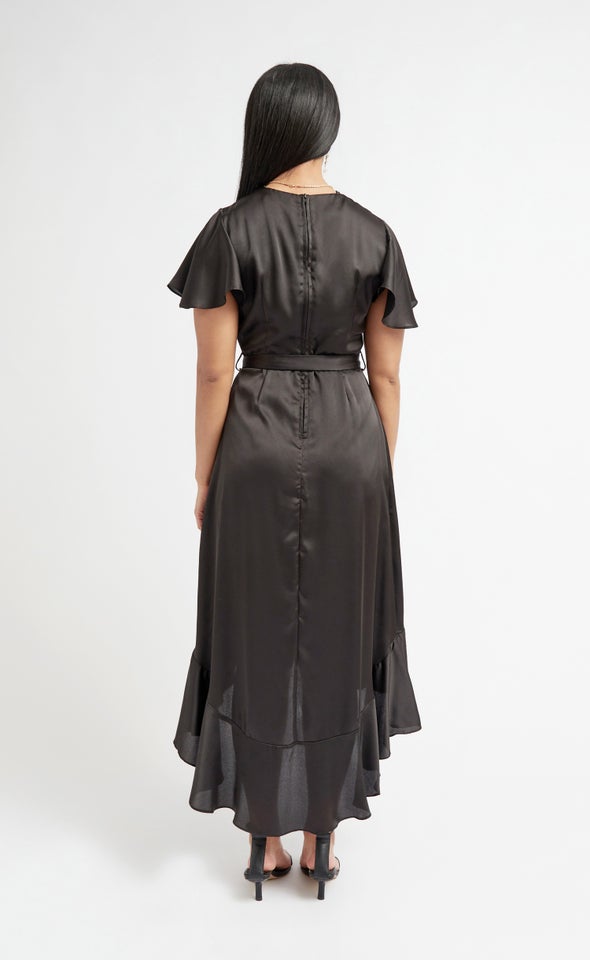 Satin Flutter Sleeve Wrap Gown Black