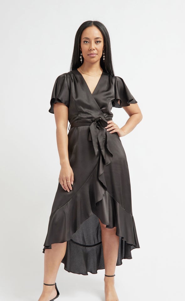 Satin Flutter Sleeve Wrap Gown Black