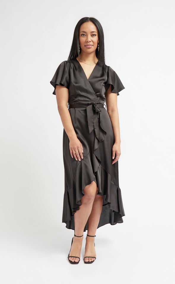 Satin Flutter Sleeve Wrap Gown Black