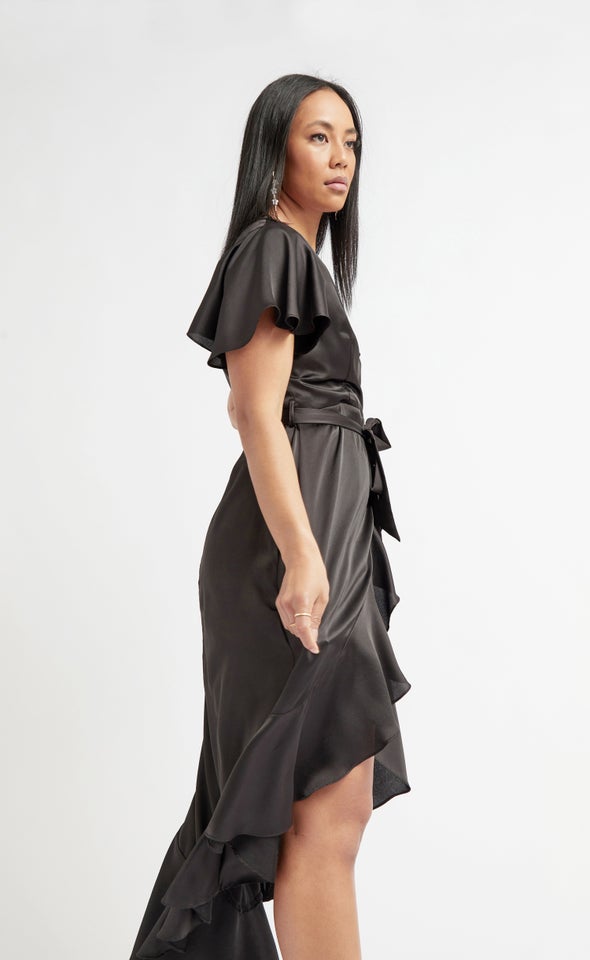 Satin Flutter Sleeve Wrap Gown Black