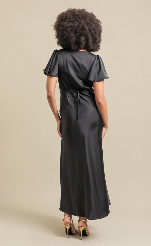 Satin Flutter Slv Gown Black