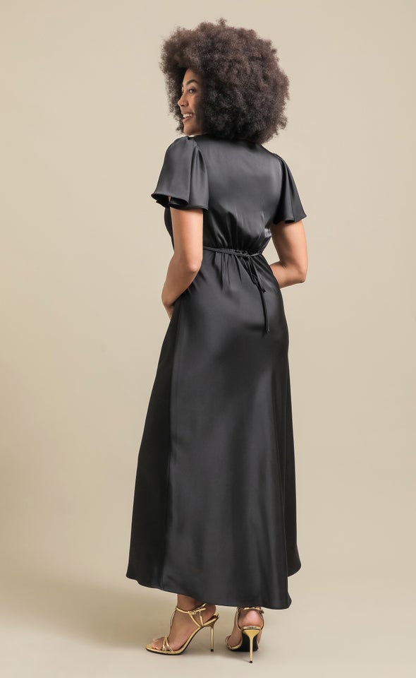Satin Flutter Slv Gown Black