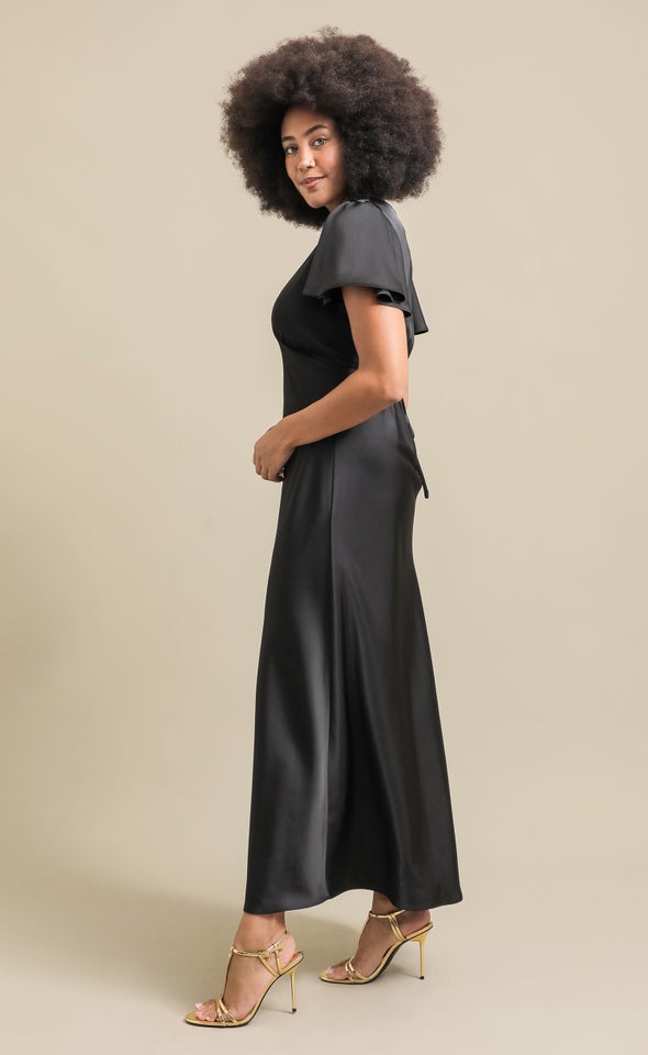 Satin Flutter Slv Gown Black