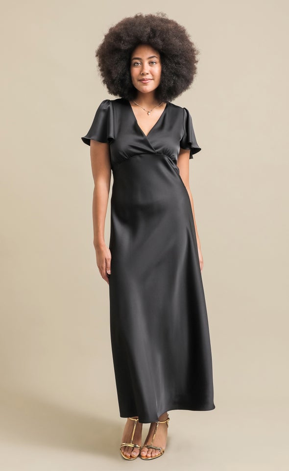 Satin Flutter Slv Gown Black