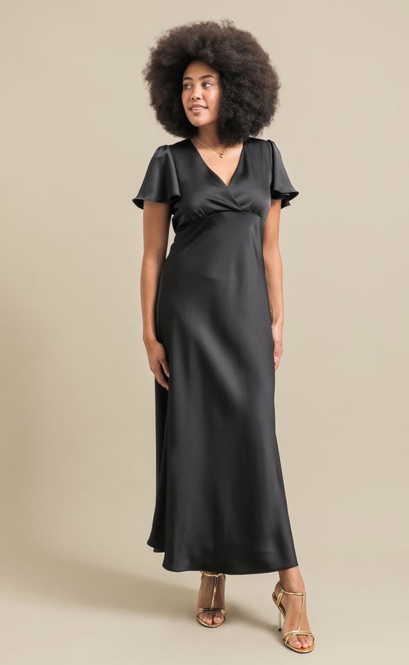 Satin Flutter Slv Gown Black