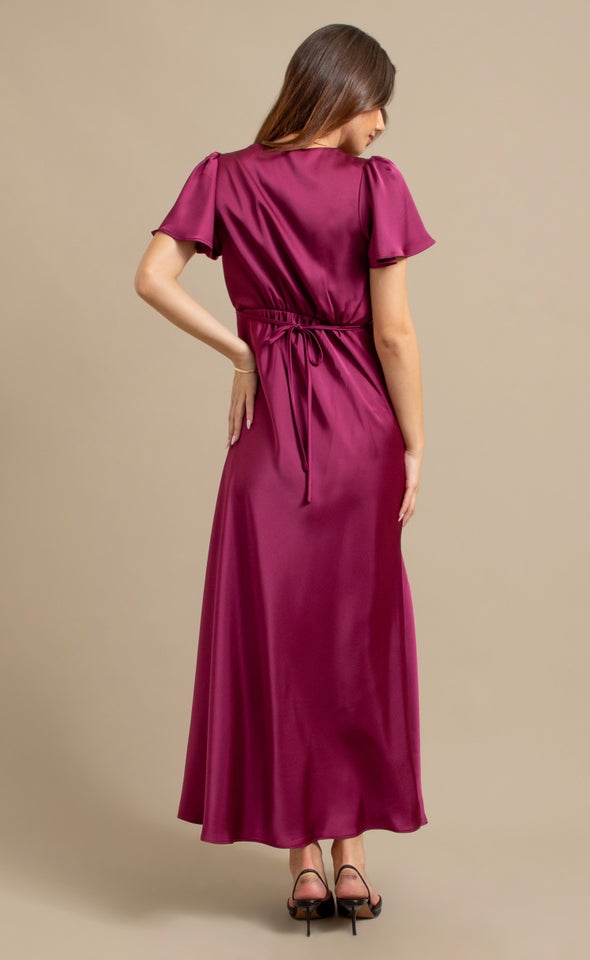 Satin Flutter Slv Gown Dark Plum