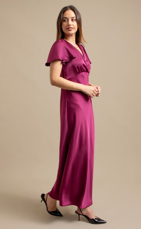 Satin Flutter Slv Gown Dark Plum