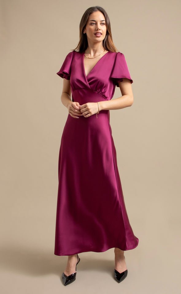 Satin Flutter Slv Gown Dark Plum