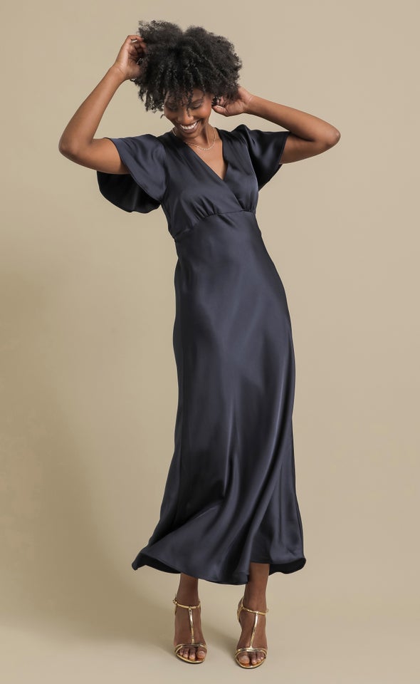 Satin Flutter Slv Gown Ink