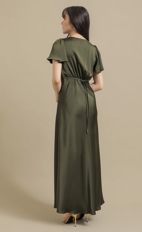 Satin Flutter Slv Gown Olive