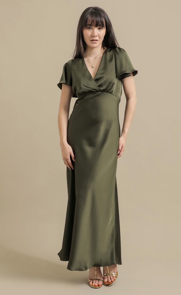 Satin Flutter Slv Gown Olive