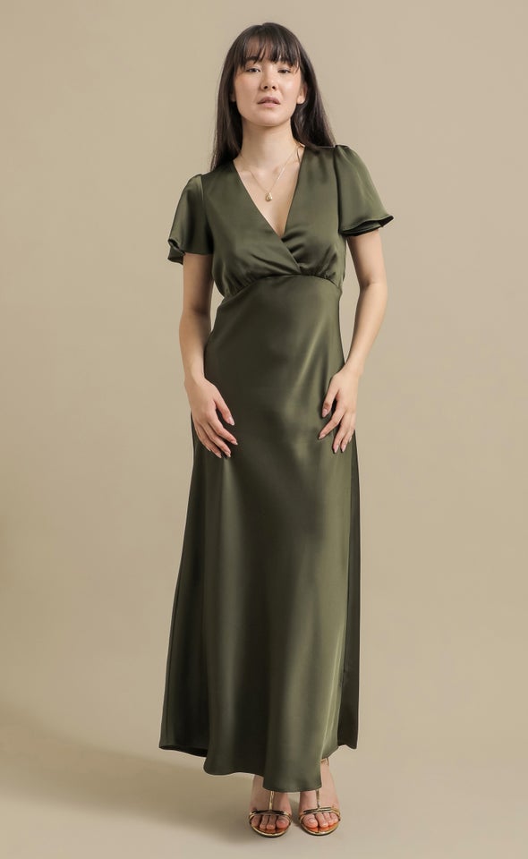 Satin Flutter Slv Gown Olive