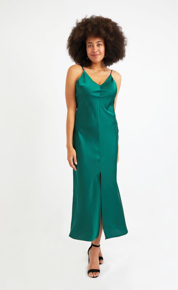 Satin Front Split Bias Gown Forest Green